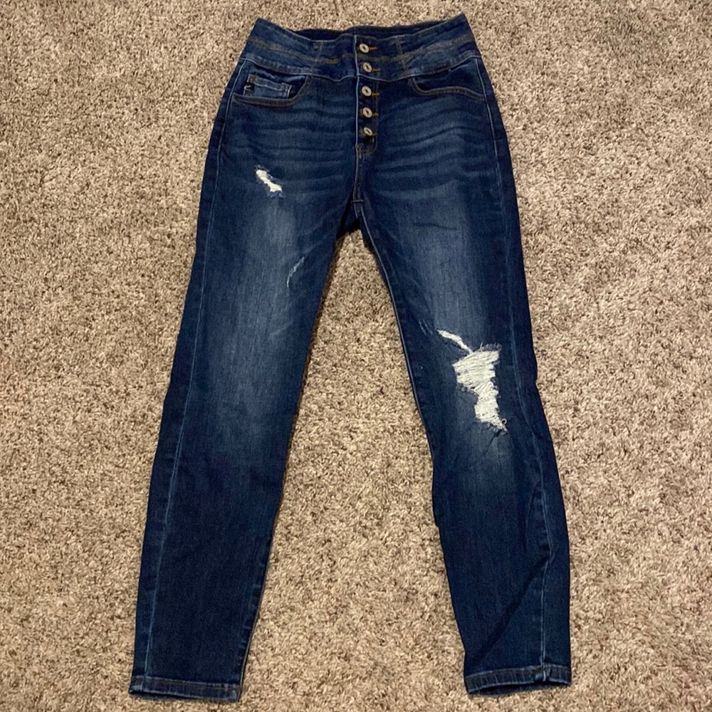 KanCan Super High Rise Dark Destructed Curvy Button Fly Skinny Jean